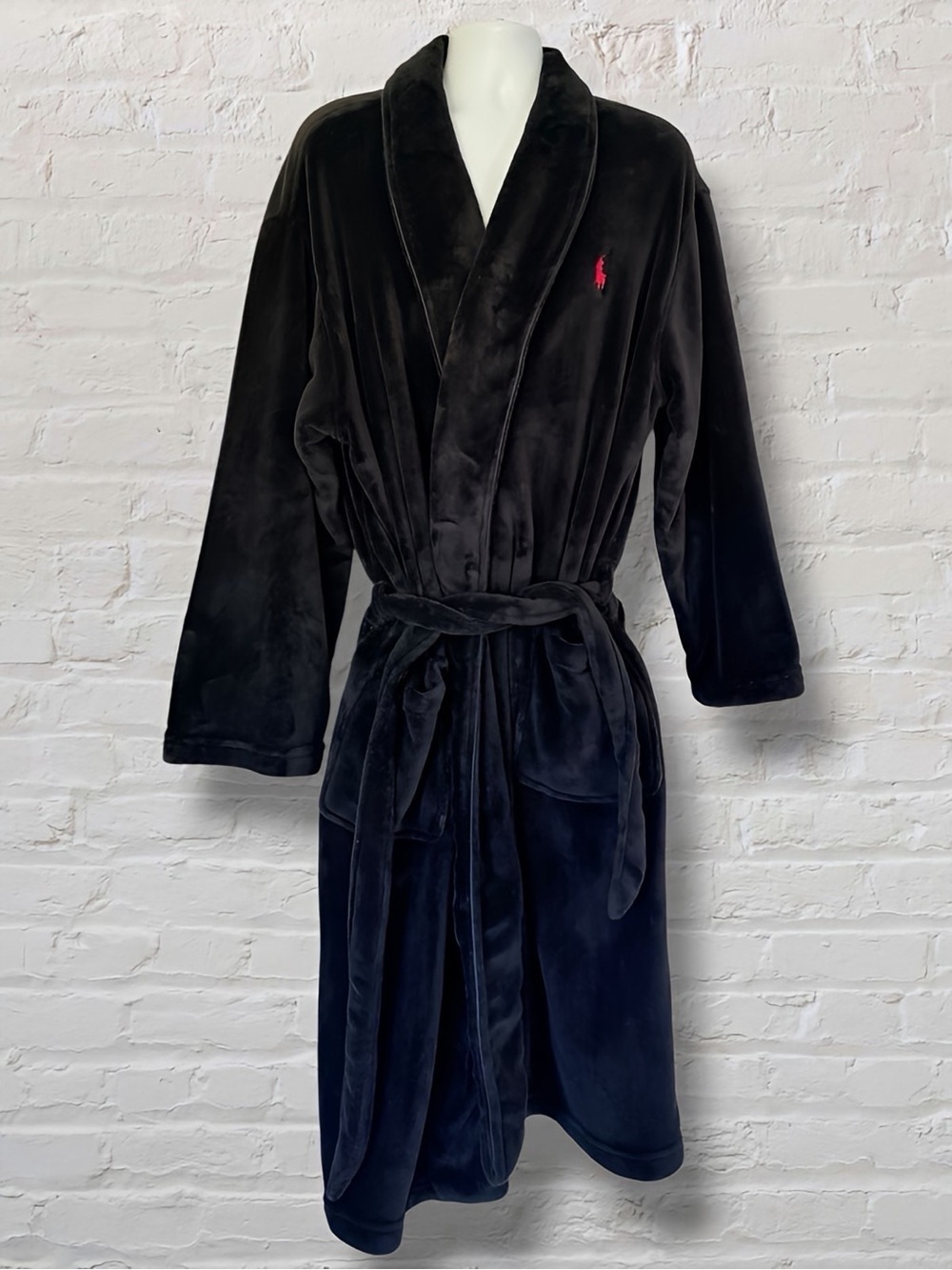 Polo Ralph Lauren Men’s Plush Fleece Bath Robe L/XL Black Red Pony Logo - Picture 5 of 9